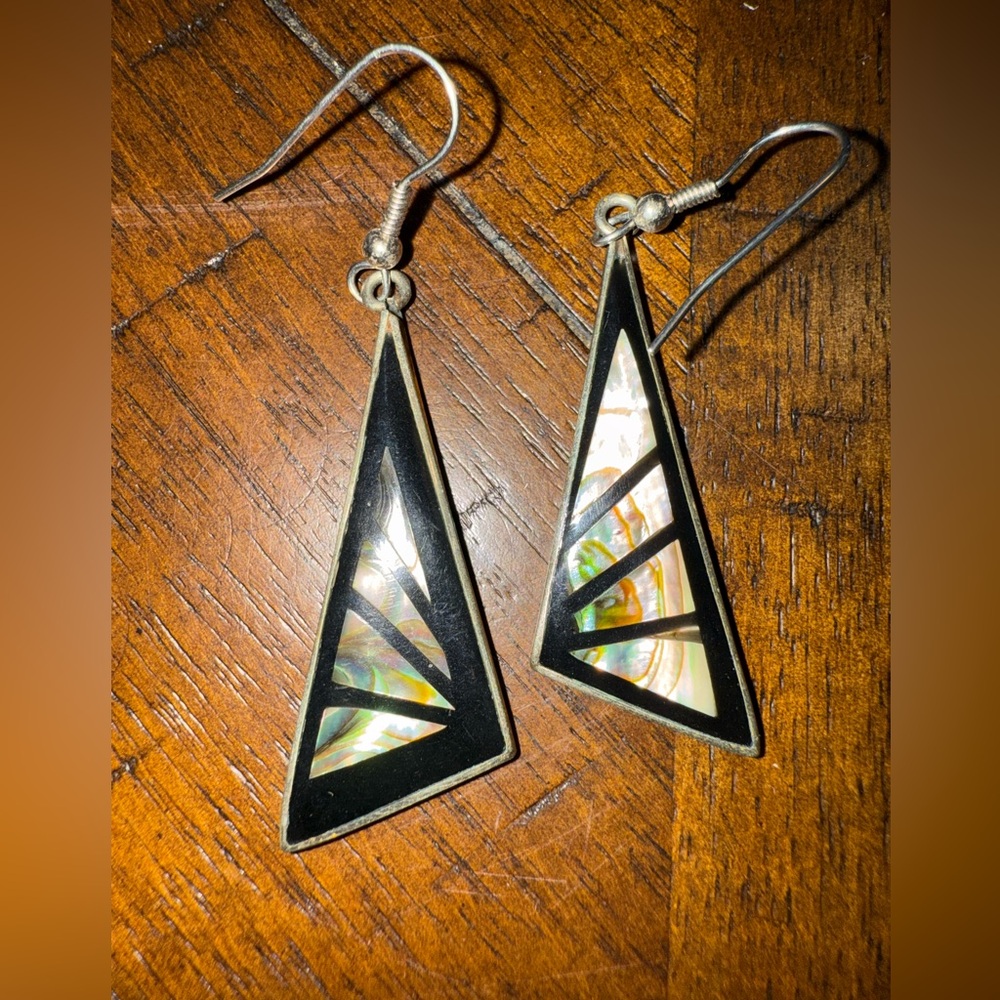 Vintage‎ Alpaca Mexico Enameled Abalone Shell Inlaid Dangle Earrings